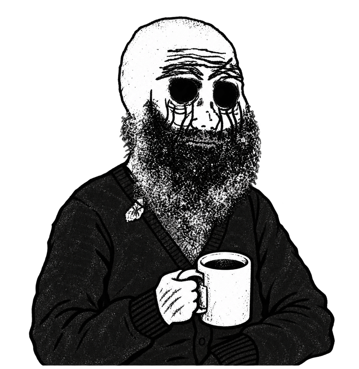 A tired, bearded Simple Holder with his coffee mug